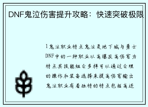 DNF鬼泣伤害提升攻略：快速突破极限