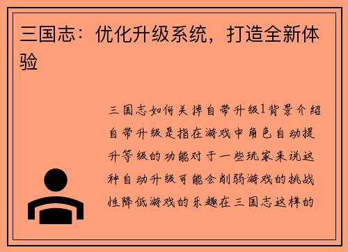 三国志：优化升级系统，打造全新体验